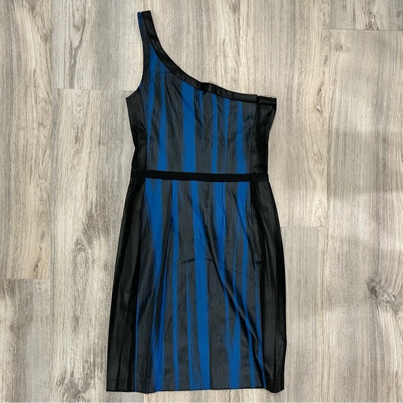 Jay Godfrey Blue Black Stripe One Shoulder Sleeveless Asymmetrical Dress Size 2 - Picture 6 of 7